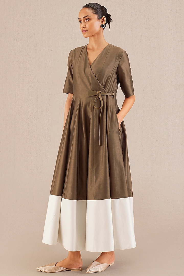 Taupe Chanderi Belted Dress by AMPM at Pernia's Pop Up Shop