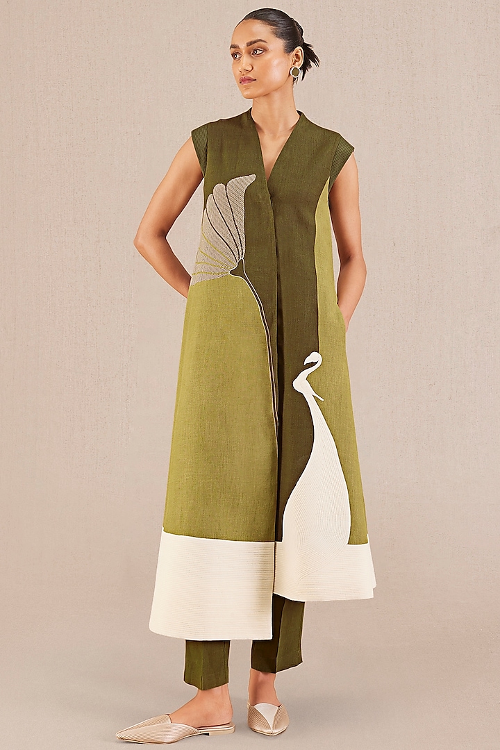 Olive Linen Printed Jacket Set by AMPM
