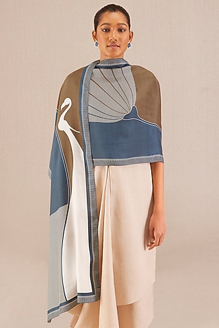 Slate Blue Silk Printed Scarf by AMPM Accessories