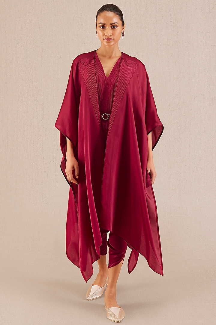 Wine Satin Organza Embroidered Cape Set by AMPM at Pernia's Pop Up Shop