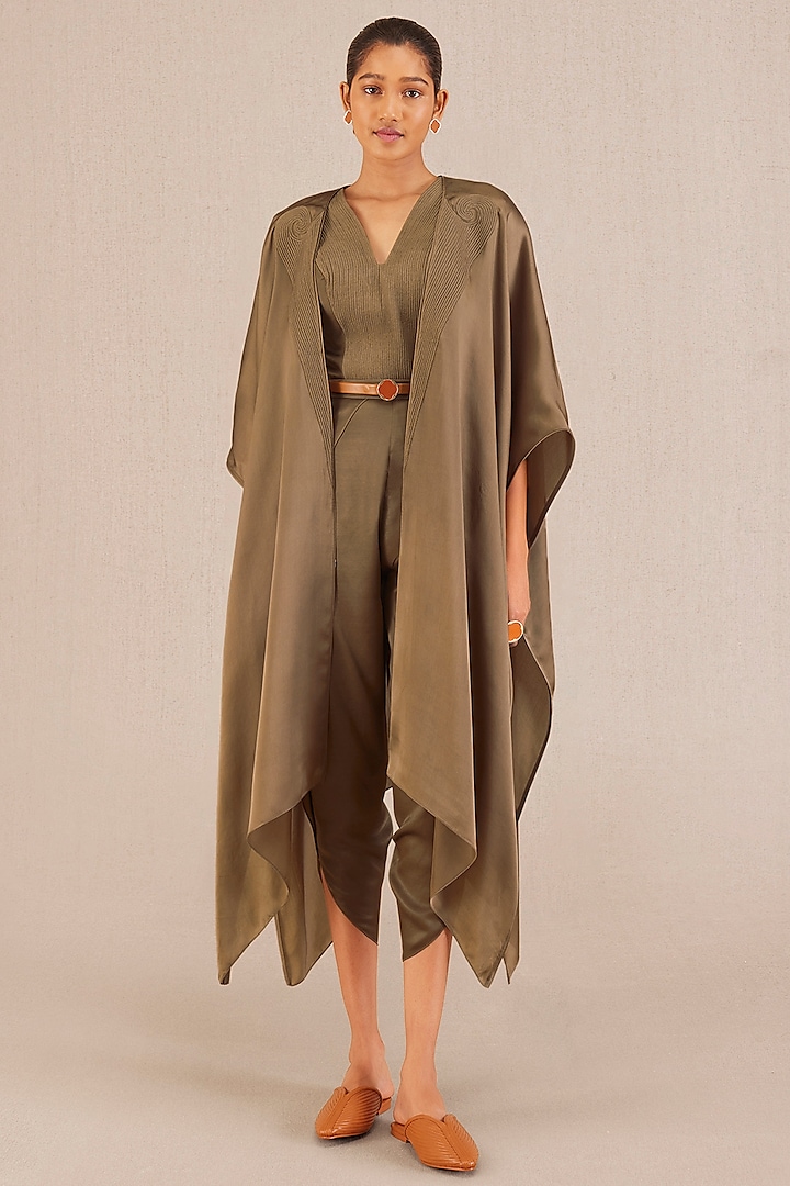 Taupe Satin Organza Embroidered Cape Set by AMPM