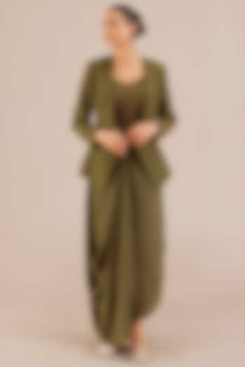 Olive Linen Maxi Party Wear Dress With Embroidered Jacket by AMPM at Pernia's Pop Up Shop