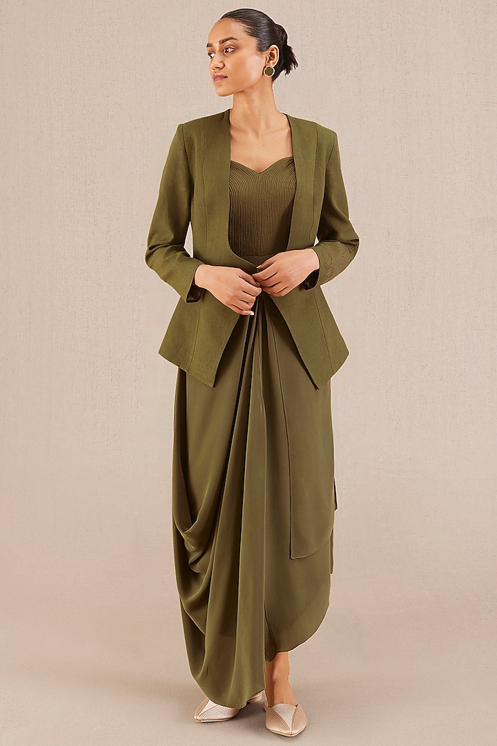 Olive Linen Embroidered Jacket Dress by AMPM