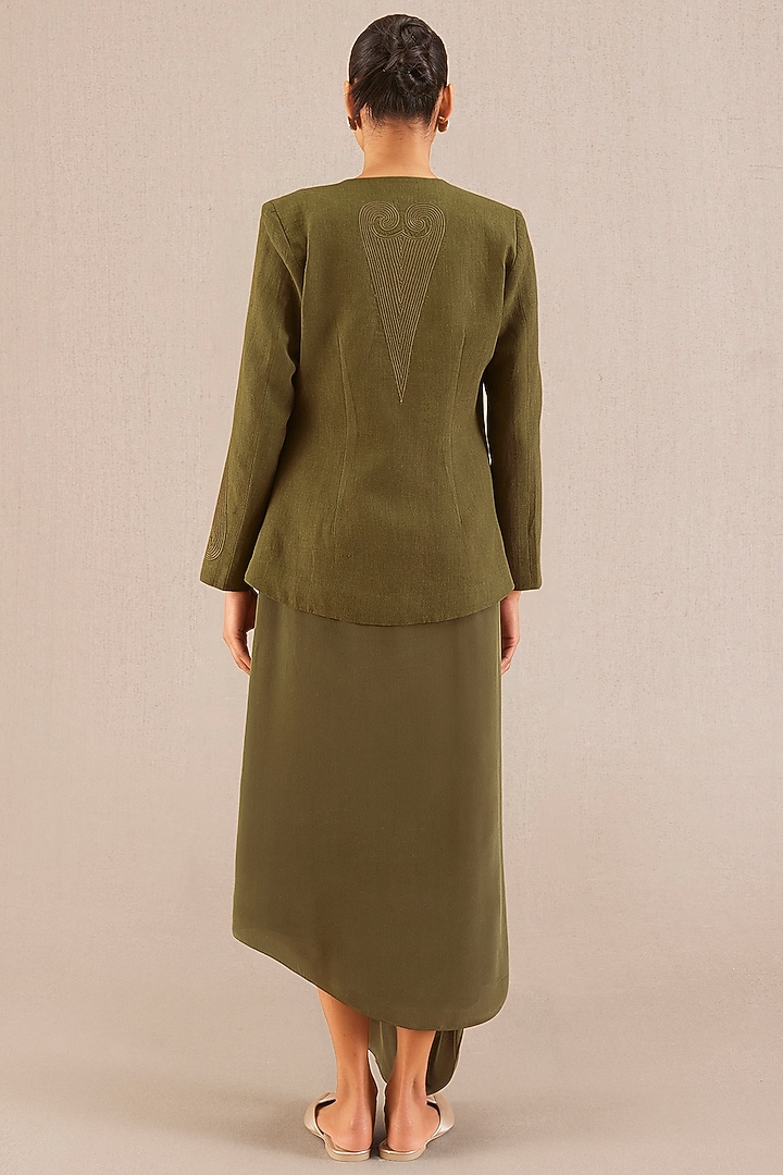 Olive Linen Maxi Party Wear Dress With Embroidered Jacket by AMPM at Pernia's Pop Up Shop