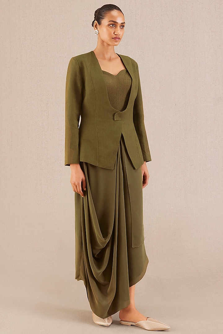 Olive Linen Maxi Party Wear Dress With Embroidered Jacket by AMPM at Pernia's Pop Up Shop