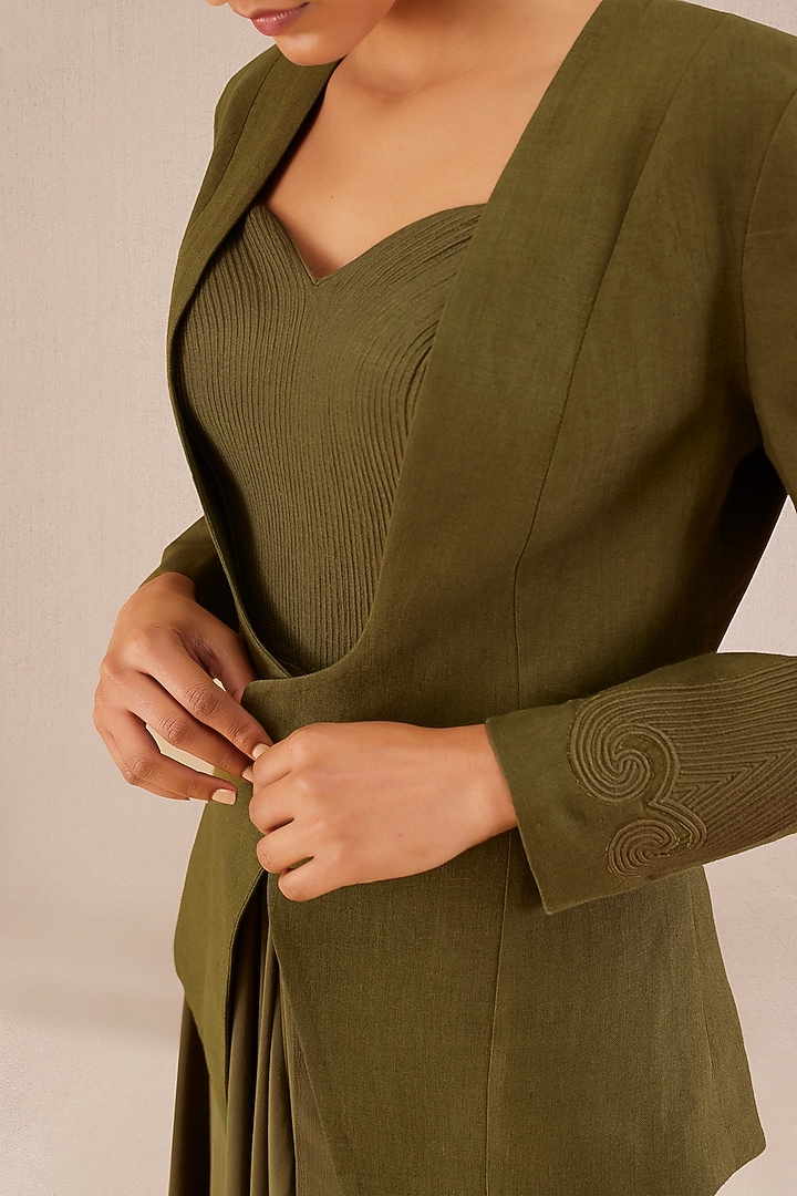 Olive Linen Maxi Party Wear Dress With Embroidered Jacket by AMPM at Pernia's Pop Up Shop