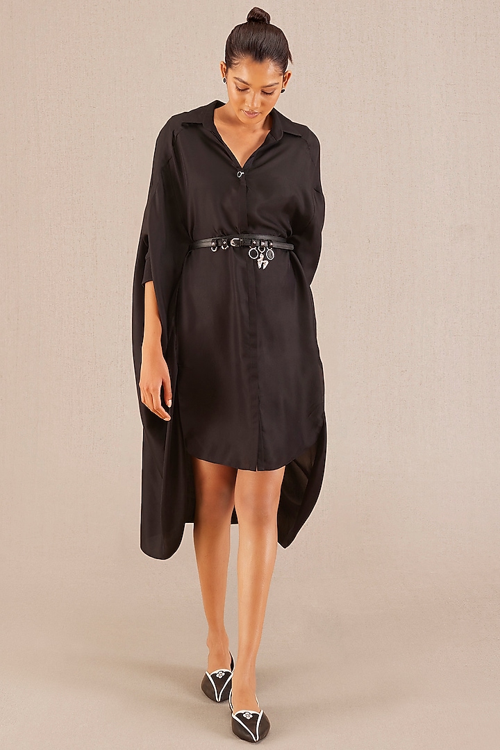 Black Silk Crepe Embroidered Shirt Dress by AMPM