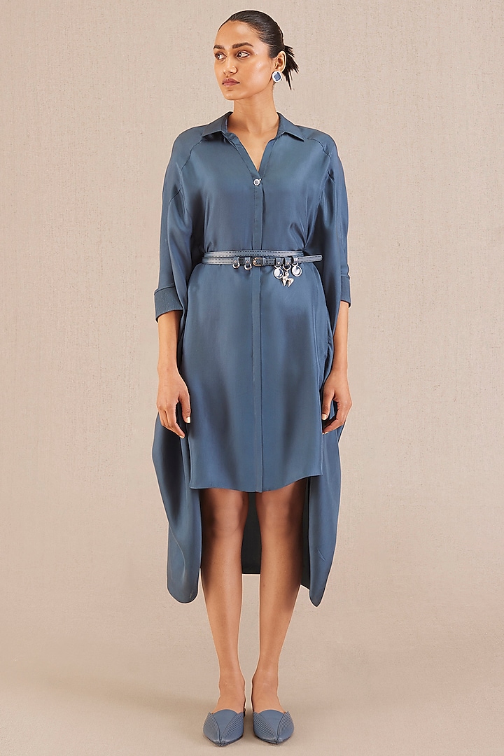 Slate Blue Silk Crepe Shirt Dress by AMPM