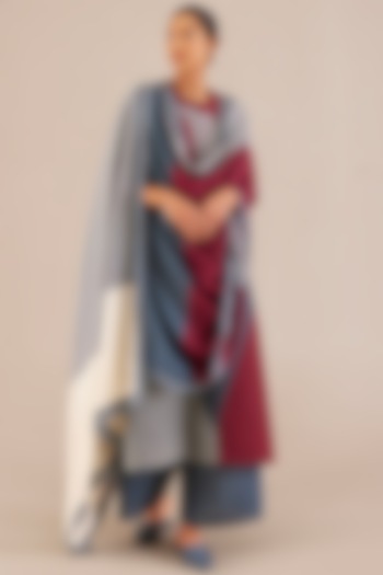 Slate Blue Linen Printed Kurta Set by AMPM at Pernia's Pop Up Shop