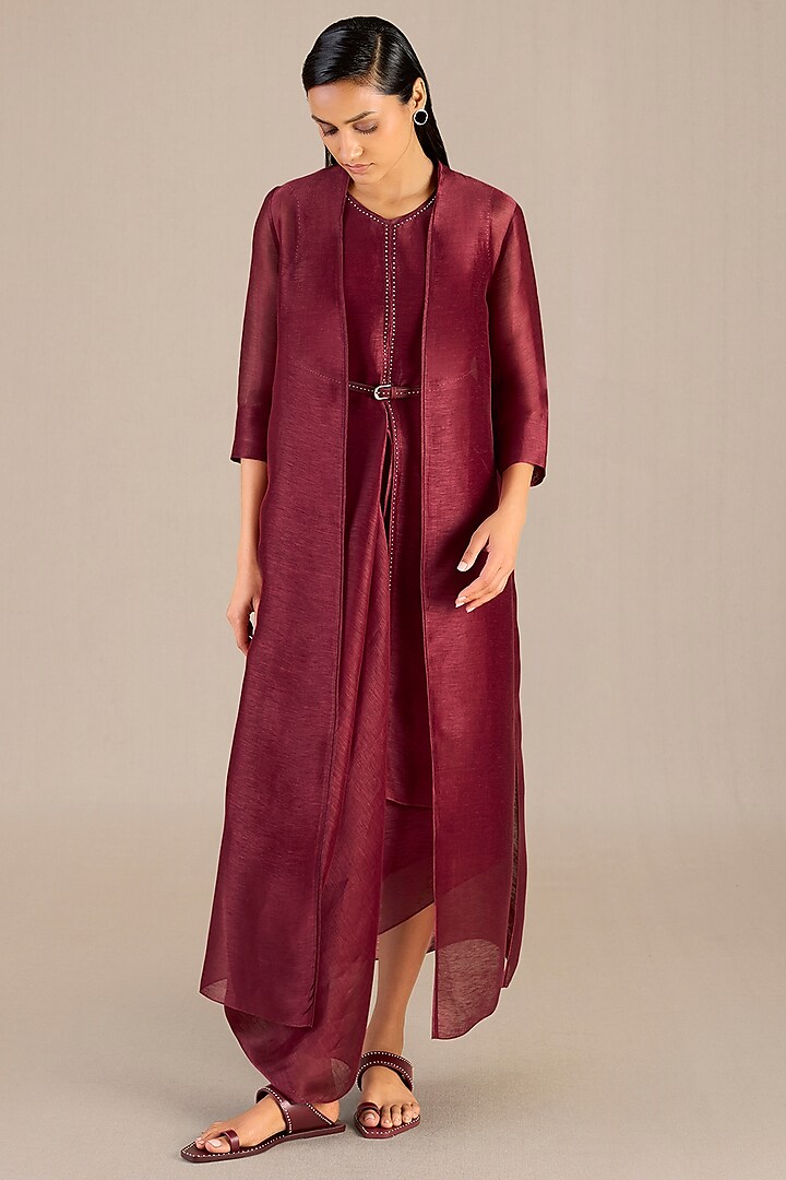 Maroon Soft Linen Jacket Dress by AMPM