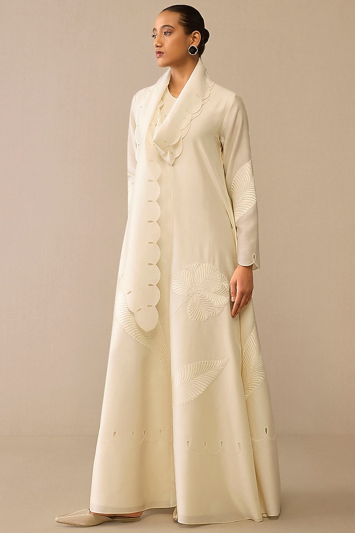 Ivory Cotton Silk & Chanderi Dori Embroidered Maxi Party Wear Dress by AMPM at Pernia's Pop Up Shop