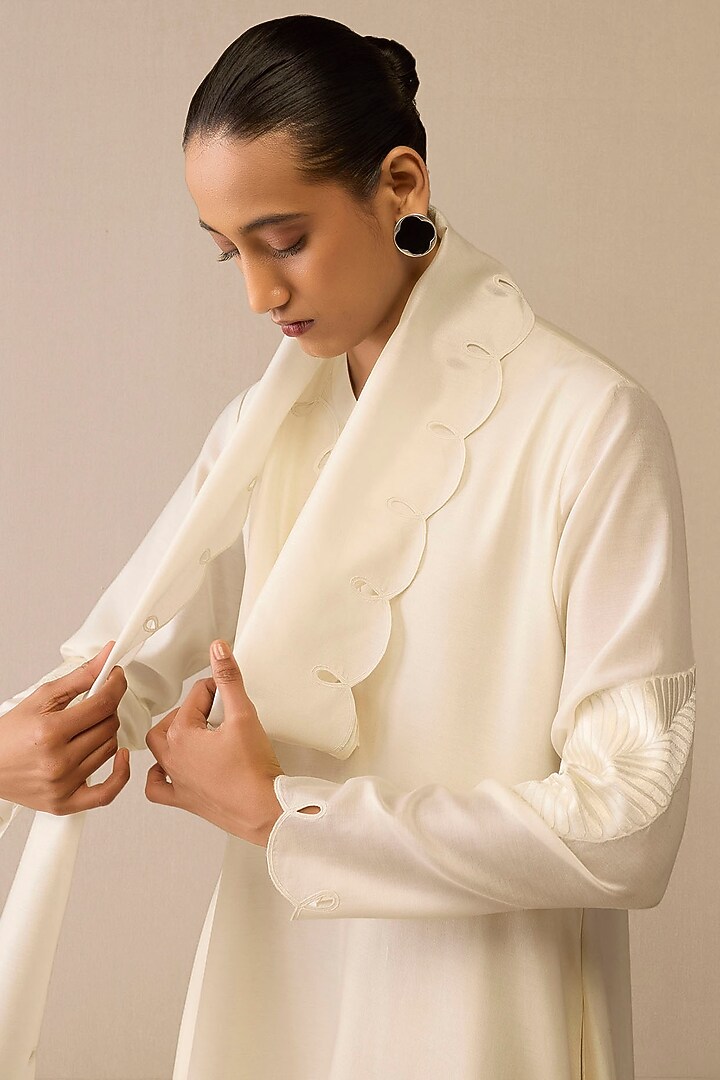 Ivory Cotton Silk & Chanderi Dori Embroidered Maxi Party Wear Dress by AMPM at Pernia's Pop Up Shop