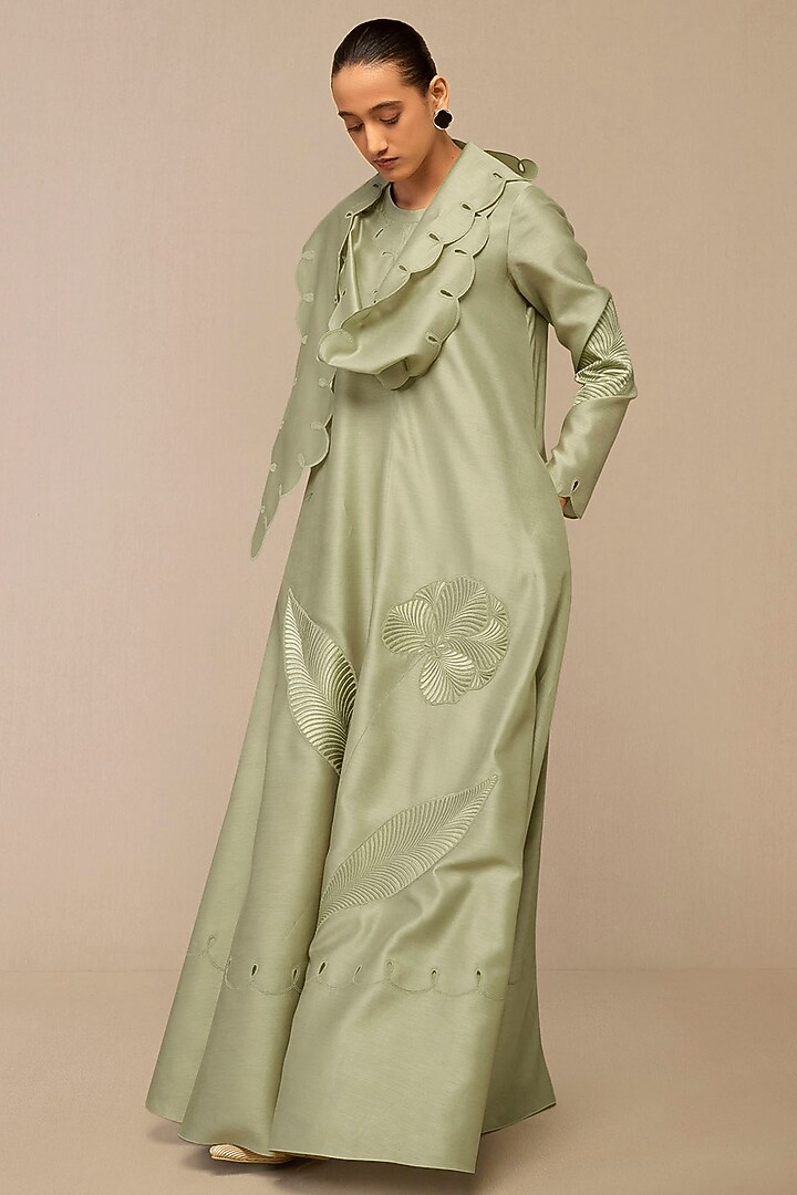 Pista Green Cotton Silk & Chanderi Dori Embroidered Maxi Party Wear Dress by AMPM at Pernia's Pop Up Shop