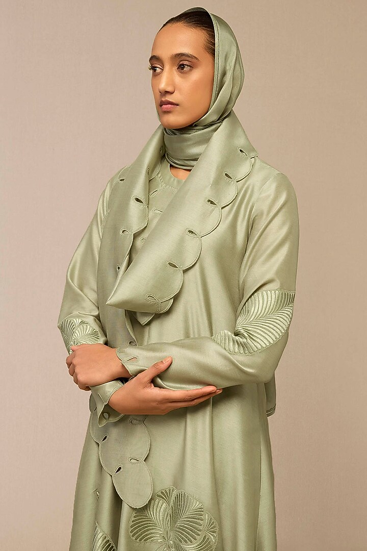 Pista Green Cotton Silk & Chanderi Dori Embroidered Maxi Party Wear Dress by AMPM at Pernia's Pop Up Shop
