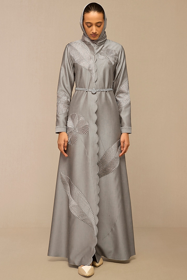 Grey Cotton Silk & Chanderi Resham Embroidered Maxi Party Wear Dress by AMPM at Pernia's Pop Up Shop