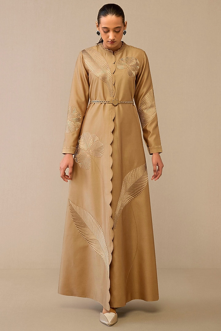 Beige Cotton Silk & Chanderi Resham Embroidered Maxi Party Wear Dress by AMPM at Pernia's Pop Up Shop