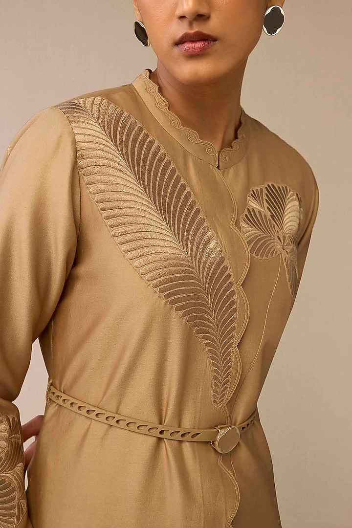 Beige Cotton Silk & Chanderi Resham Embroidered Maxi Party Wear Dress by AMPM at Pernia's Pop Up Shop