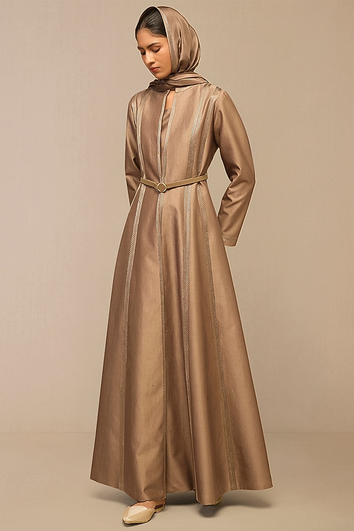 Taupe Cotton Silk & Chanderi Resham Embroidered Jacket Set by AMPM at Pernia's Pop Up Shop