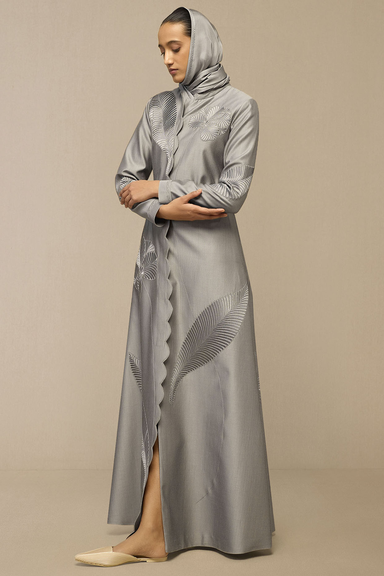 Grey Silk Resham Embroidered Scarf by AMPM at Pernia's Pop Up Shop