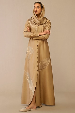 Beige Pure Silk Scalloped Scarf by AMPM