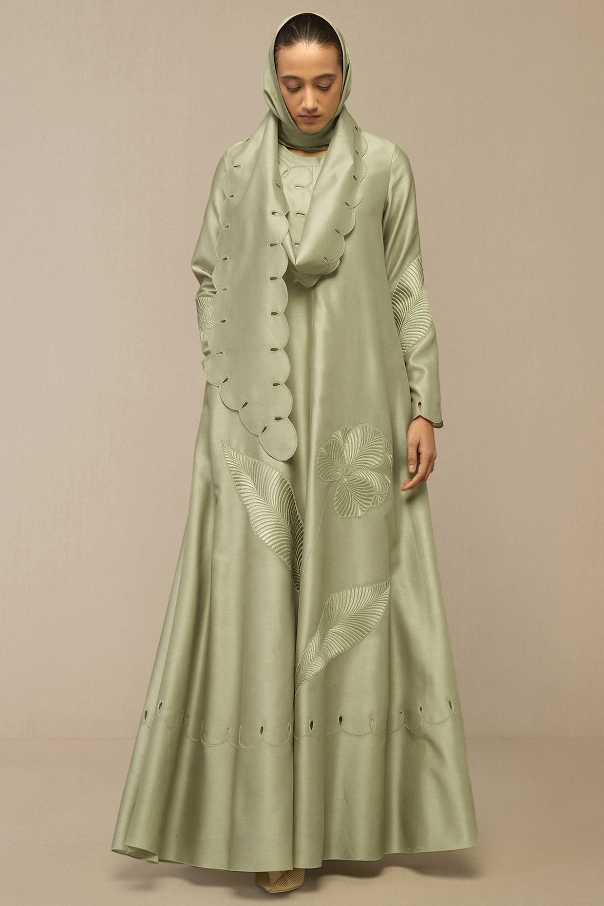 Pista Green Pure Silk Scalloped Scarf by AMPM at Pernia's Pop Up Shop