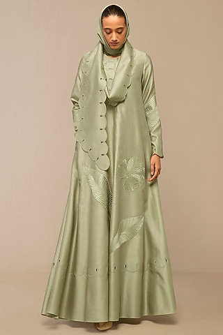 Pista Green Pure Silk Scalloped Scarf by AMPM
