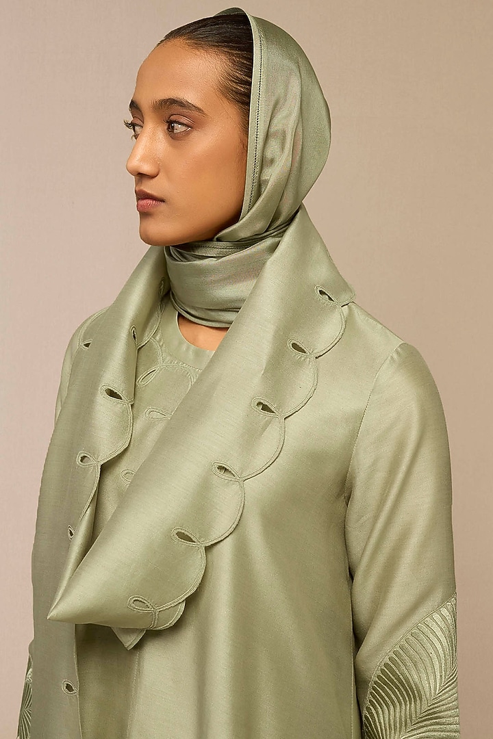 Pista Green Pure Silk Scalloped Scarf by AMPM at Pernia's Pop Up Shop