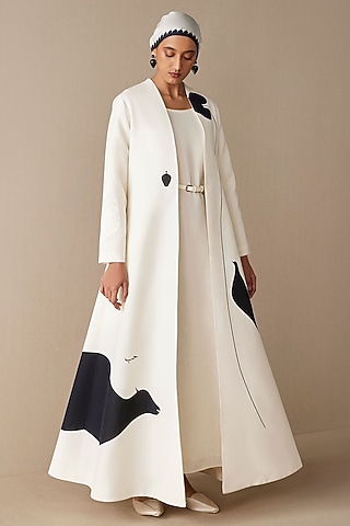 Ivory Cotton Linen Printed Jacket Set by AMPM
