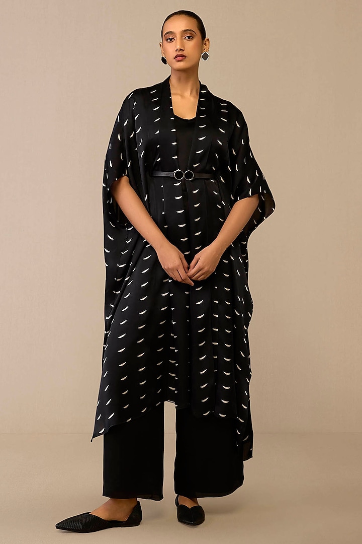 Black Satin Organza Printed Cape Set by AMPM at Pernia's Pop Up Shop