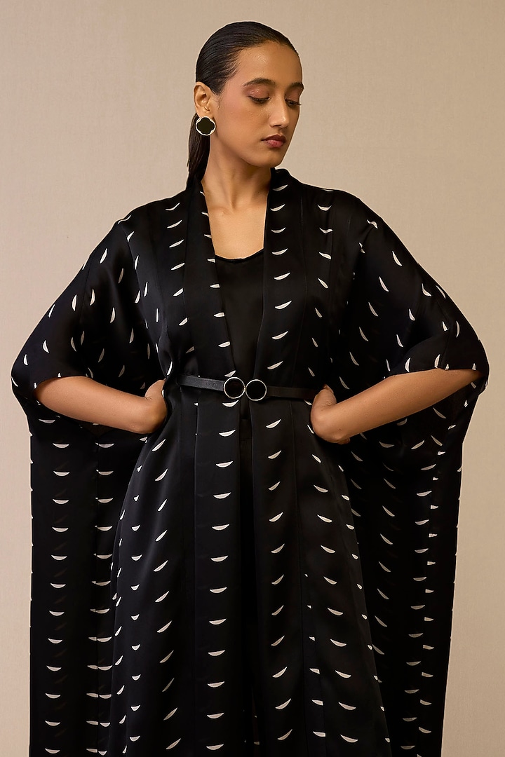 Black Satin Organza Printed Cape Set by AMPM at Pernia's Pop Up Shop