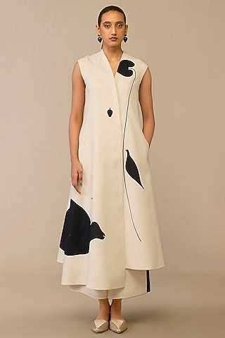 Ivory Pure Linen Printed Jacket Set by AMPM
