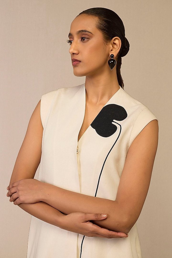 Ivory Pure Linen Printed Jacket Set by AMPM at Pernia's Pop Up Shop