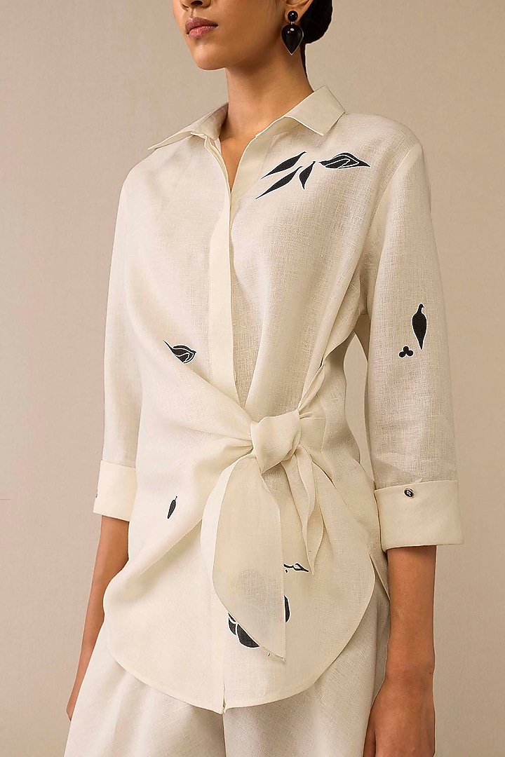 Ivory Linen Printed Shirt by AMPM at Pernia's Pop Up Shop