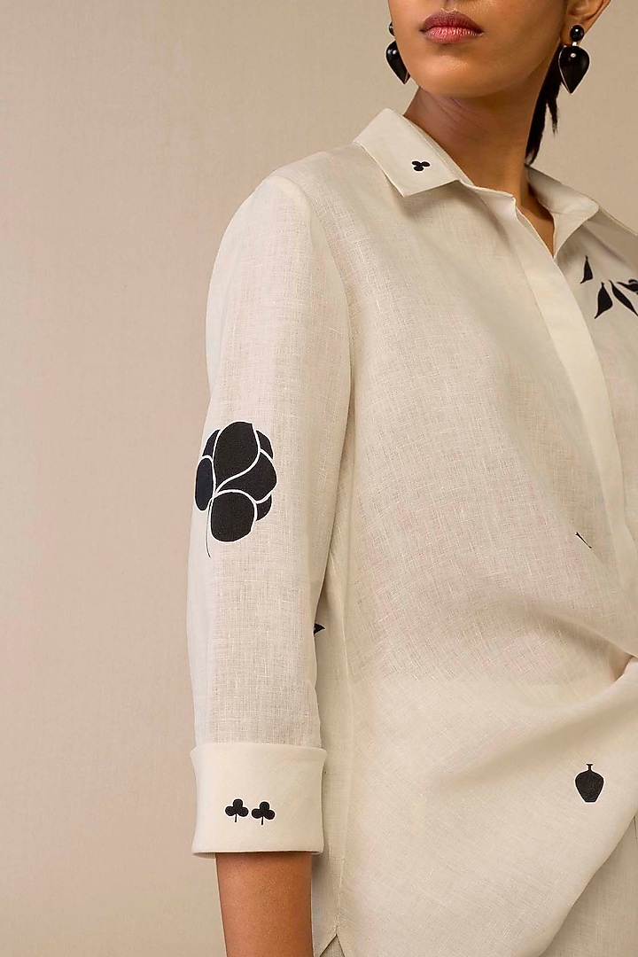 Ivory Linen Printed Shirt by AMPM at Pernia's Pop Up Shop