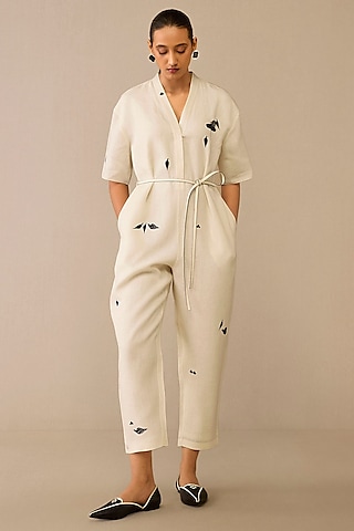 Ivory Linen Printed Jumpsuit by AMPM