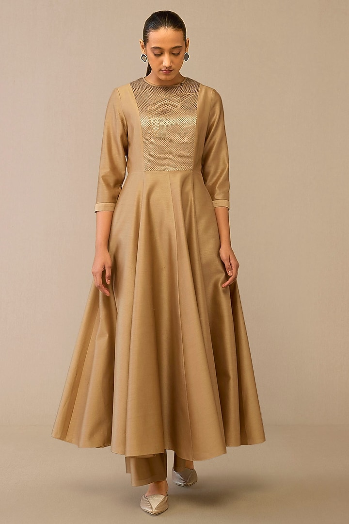 Beige Chanderi Embroidered Kurta Set by AMPM at Pernia's Pop Up Shop