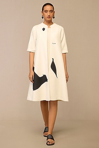 Ivory Cotton Linen Printed Jacket Set by AMPM