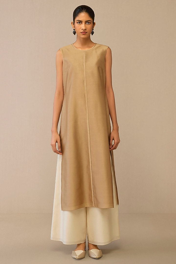 Beige Chanderi Embroidered Jacket Set by AMPM at Pernia's Pop Up Shop