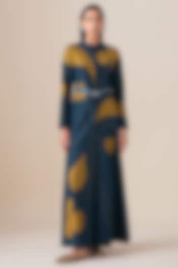 Midnight Blue Habutai Silk Motif Printed Abaya Jacket Set by AMPM at Pernia's Pop Up Shop
