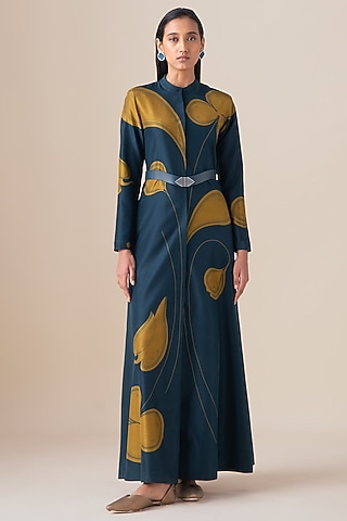 Midnight Blue Habutai Silk Motif Printed Abaya Jacket Set by AMPM