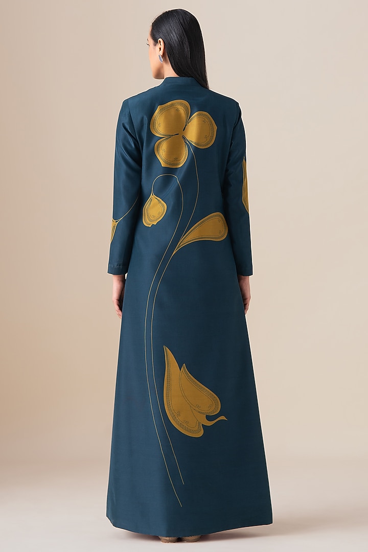 Midnight Blue Habutai Silk Motif Printed Abaya Jacket Set by AMPM at Pernia's Pop Up Shop