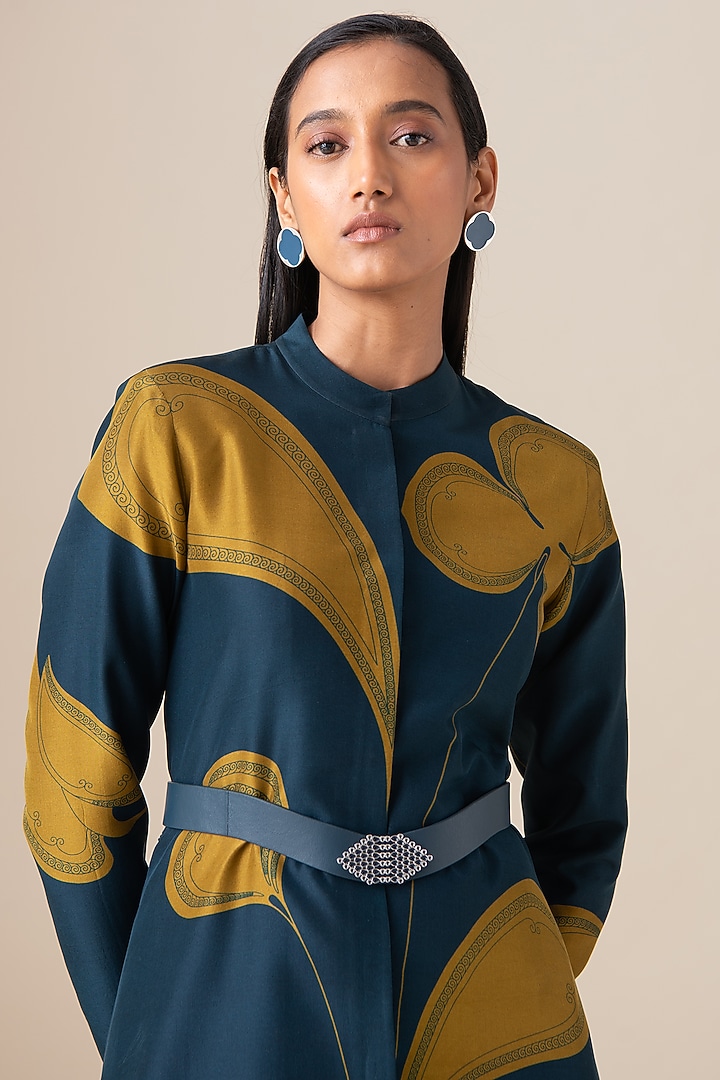 Midnight Blue Habutai Silk Motif Printed Abaya Jacket Set by AMPM at Pernia's Pop Up Shop