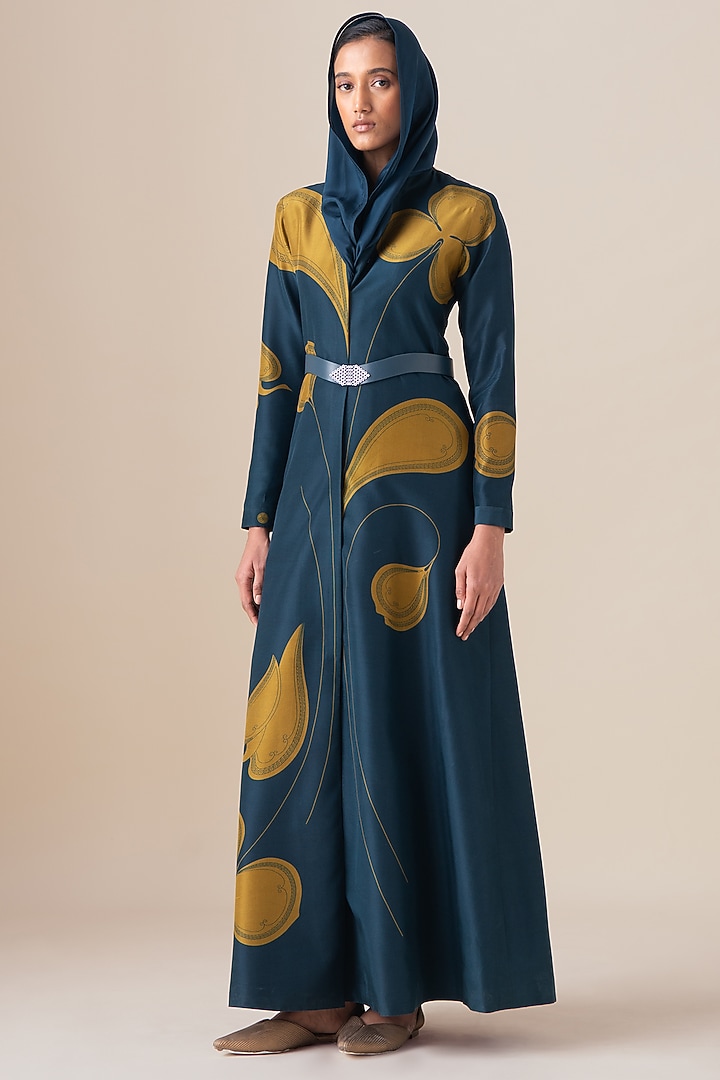 Midnight Blue Habutai Silk Motif Printed Abaya Jacket Set by AMPM at Pernia's Pop Up Shop
