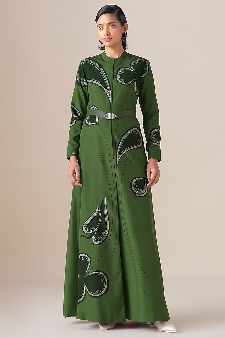 Fern Green Habutai Silk Motif Printed Abaya Jacket Set by AMPM at Pernia's Pop Up Shop