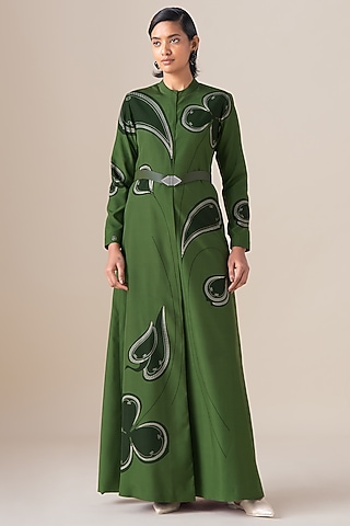 Fern Green Habutai Silk Motif Printed Abaya Jacket Set by AMPM