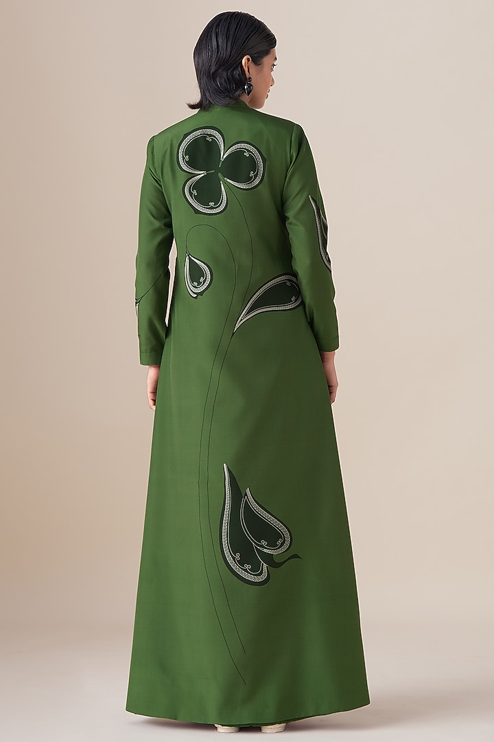 Fern Green Habutai Silk Motif Printed Abaya Jacket Set by AMPM at Pernia's Pop Up Shop