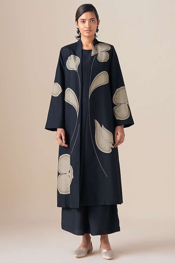 Black Habutai Silk Motif Printed Mazira Jacket Set by AMPM at Pernia's Pop Up Shop