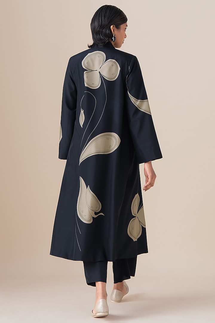 Black Habutai Silk Motif Printed Mazira Jacket Set by AMPM at Pernia's Pop Up Shop