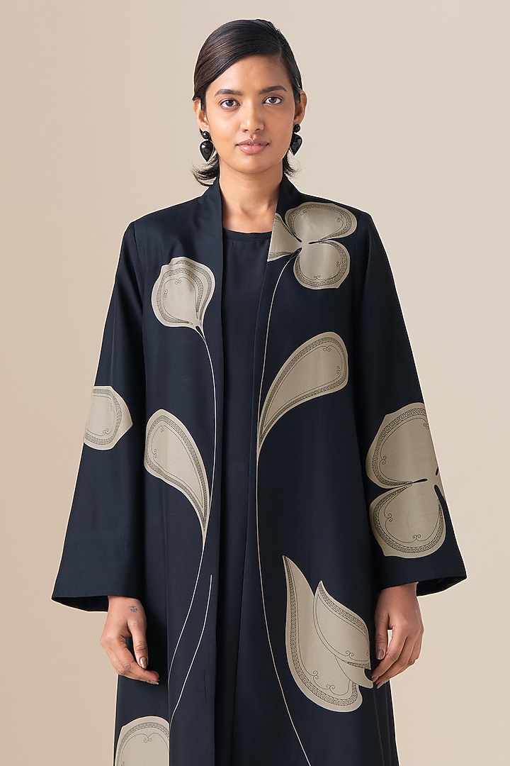 Black Habutai Silk Motif Printed Mazira Jacket Set by AMPM at Pernia's Pop Up Shop