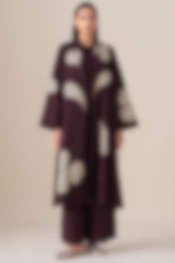 Burgundy Habutai Silk Motif Printed Mazira Jacket Set by AMPM at Pernia's Pop Up Shop